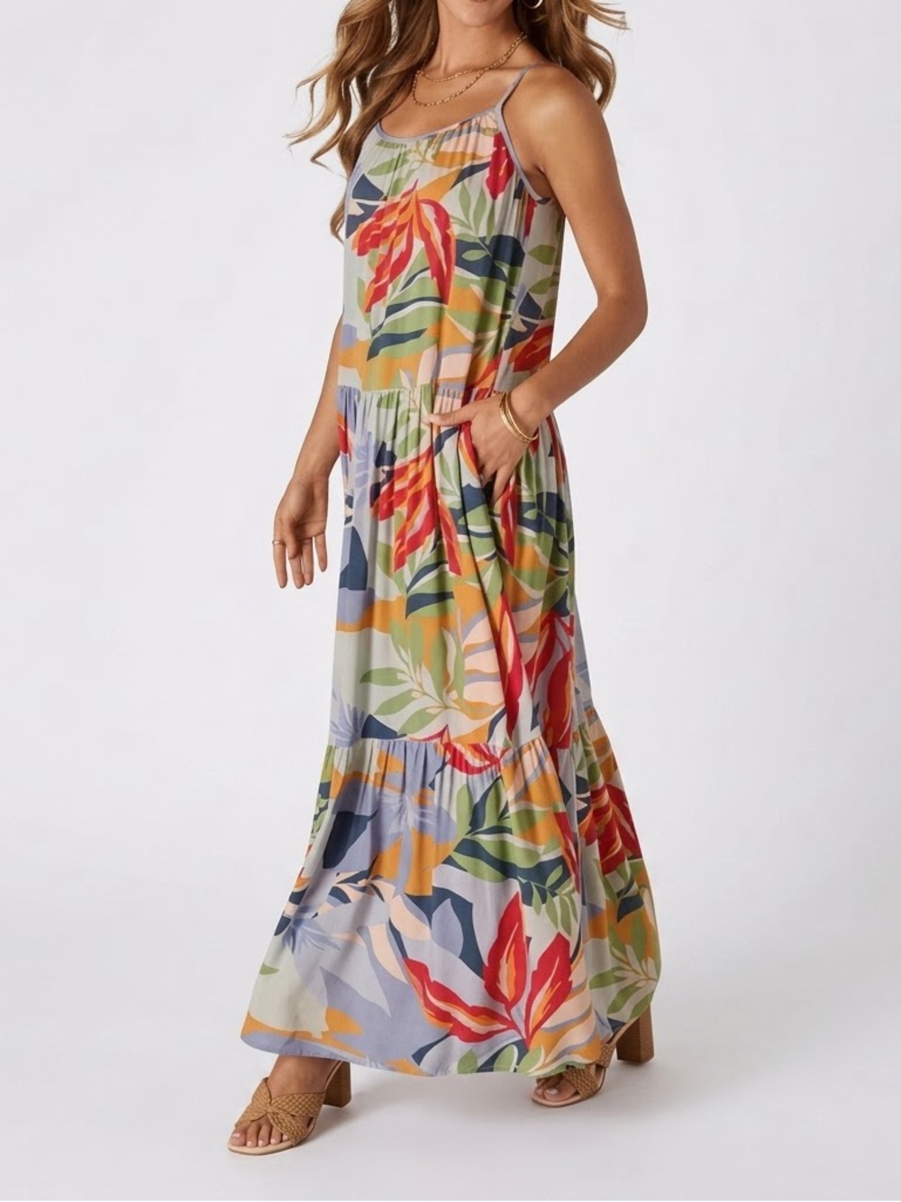GOA Beachwear by Japna Blue Tropical Tiered Maxi Dress Resort Wear Beachy Medium